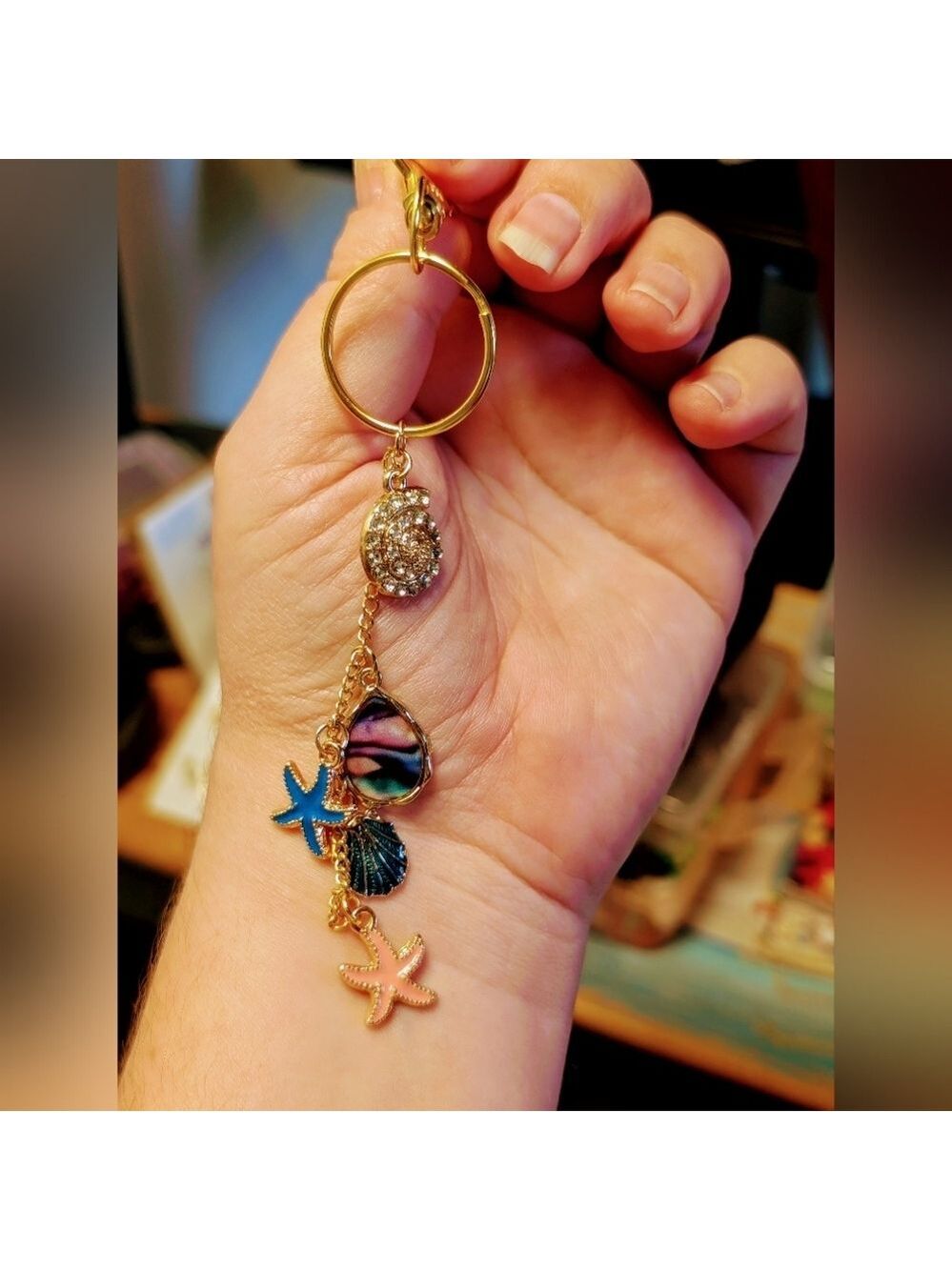 Gold and Blue Beachy Seashell Charm Keychain